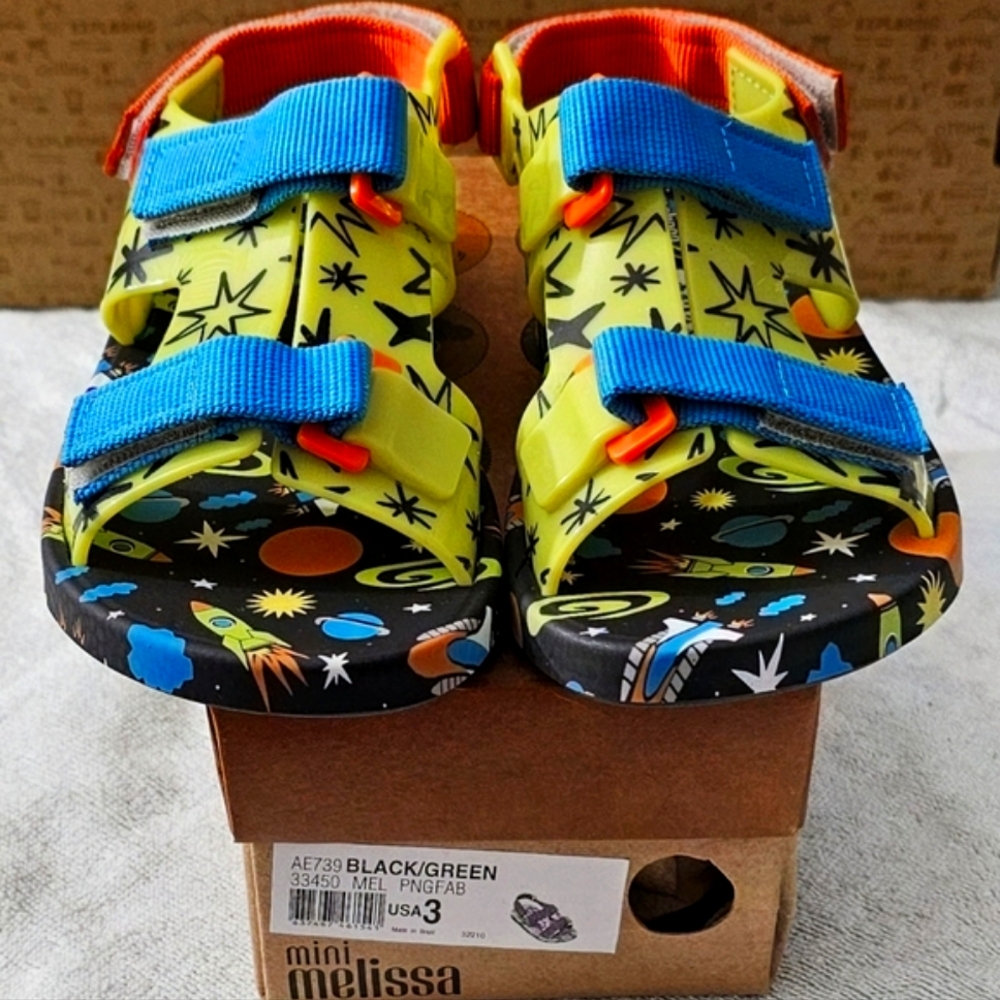 Mini Melissa + Fábula Collab Unisex Space Theme Sandals, Velcro, Size 3, NEW!